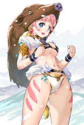 Rule 34 | 1girl, :d, armlet, bandaid, bandaid on arm, bandaid on cheek, bandaid on face, bikini, black bikini, blue eyes, boar mask, body markings, chinese zodiac, clenched hands, earrings, fur trim, gem, highres, jewelry, magatama, magatama earrings, mismatched bikini, navel, new year, open mouth, original, pink hair, smile, solo, swimsuit, uchiu kazuma, white bikini, wristband, year of the pig