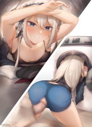 Rule 34 | 1boy, 1girl, all fours, armpits, arms up, ass, black shirt, blue eyes, blue shorts, blush, breasts, censored, cleavage, commentary, commentary request, downblouse, erection, grinding, grinding over clothes, highres, indoors, kaguya-sama wa kokurasetai ~tensai-tachi no renai zunousen~, kimoshi, large breasts, long hair, mosaic censoring, no bra, parted lips, penis, shirogane kei, shirt, short shorts, shorts, sleeveless, solo focus, stuck, stuck in object, thighs, washing machine, white hair