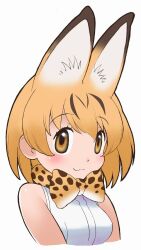 Rule 34 | 1girl, animal ears, bare shoulders, blonde hair, bow, bowtie, cat ears, cat girl, closed mouth, extra ears, highres, kemono friends, looking at viewer, official art, serval (kemono friends), shirt, short hair, sleeveless, sleeveless shirt, smile, solo, white background, white shirt, yellow eyes, yoshizaki mine