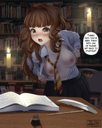 Rule 34 | 1girl, annoyed, black skirt, blush, breasts, brown eyes, brown hair, candle, english text, female focus, flashing, harry potter (series), hermione granger, indoors, ink, ink bottle, jay156, long hair, long sleeves, looking at viewer, necktie, nipples, no bra, open clothes, open mouth, open shirt, opened by self, quill, school uniform, shirt, skirt, solo, unbuttoned, unbuttoned shirt, wand, white shirt, wizarding world