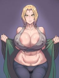 Rule 34 | 1girl, areola slip, blonde hair, breasts, cleavage, covered erect nipples, curvy, female pubic hair, highres, huge breasts, lactation, long hair, looking at viewer, metal owl (aden12), naruto, naruto (series), navel, parted lips, pubic hair, pussy juice, pussy juice stain, smile, solo, tsunade (naruto), wide hips