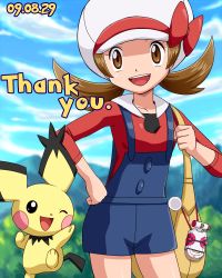 Rule 34 | 00s, 1girl, 2009, bag, blue sky, brown eyes, brown hair, cowboy shot, creatures (company), dated, day, game freak, gen 2 pokemon, hand on own hip, hat, hat ribbon, hip focus, lowres, lyra (pokemon), messenger bag, nintendo, one eye closed, open mouth, outdoors, pichu, pokegear, pokemoa, pokemon, pokemon (creature), pokemon hgss, red ribbon, ribbon, shoulder bag, sky, solo, spiky-eared pichu, spiky eared pichu, wink