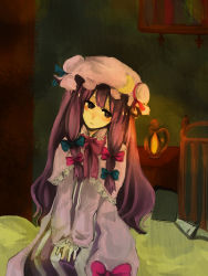 Rule 34 | 1girl, bow, chiri (o9o9), female focus, hat, lingerie, nightgown, patchouli knowledge, pink bow, purple hair, ribbon, solo, touhou, underwear
