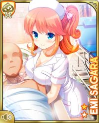 Rule 34 | 1girl, blanket, blue eyes, bow, breasts, card (medium), character name, cleavage, closed mouth, dress, girlfriend (kari), hair ornament, hospital, indoors, large breasts, looking at viewer, nurse, official art, orange hair, qp:flapper, sagara emi, smile, standing, tagme, twintails, white bow, white dress