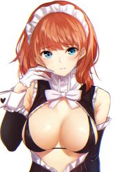 Rule 34 | 1girl, aqua eyes, bare shoulders, bikini, black bikini, blue eyes, blush, bokokichi (you), breasts, brown hair, chromatic aberration, cleavage, gloves, large breasts, long hair, looking at viewer, maid, maid headdress, parted lips, simple background, sleeveless, smile, solo, swimsuit, upper body, white background, white gloves, wrist cuffs