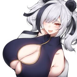 Rule 34 | 1girl, absurdres, animal ears, arknights, black dress, black hair, blush, breasts, china dress, chinese clothes, cleavage, cleavage cutout, clothing cutout, commentary, dress, english commentary, fang, feater (arknights), grey hair, hair over one eye, highres, huge breasts, jacket, looking at viewer, medium hair, multicolored hair, off shoulder, open clothes, open jacket, open mouth, panda ears, panda girl, red eyes, rikuguma, simple background, skin fang, sleeveless, sleeveless dress, smirk, solo, thick eyebrows, twintails, two-tone hair, upper body, white background