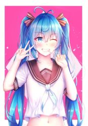 Rule 34 | 1girl, alternate costume, antenna hair, blue eyes, blue hair, blue neckerchief, blush, bow, brown sailor collar, candy, endsmall min, fingernails, food, food in mouth, grin, hair between eyes, hair bow, hands up, hatsune miku, highres, lollipop, long hair, mouth hold, navel, neckerchief, one eye closed, red bow, sailor collar, school uniform, serafuku, shirt, short sleeves, smile, solo, striped, striped bow, twintails, upper body, v, very long hair, vocaloid, white shirt