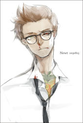 Rule 34 | 1boy, blood, brown hair, colored sclera, face, facial hair, glasses, legendary pictures, loose necktie, male focus, necktie, newton geiszler, nosebleed, pacific rim, red eyes, red sclera, short hair, skyness, solo, spoilers, stubble, tattoo
