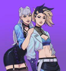 Rule 34 | 2girls, absurdres, akali, black hair, blonde hair, blue jacket, breasts, cropped jacket, drop earrings, earrings, evelynn (league of legends), highres, jacket, jewelry, league of legends, looking at viewer, makeup, malevolent lxix, medium breasts, multicolored hair, multiple girls, ponytail, revealing clothes, the baddest akali, the baddest evelynn, toned, two-tone hair, white hair, yuri