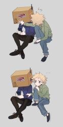 Rule 34 | ..., 2boys, animification, blonde hair, box, box on head, cellphone, child, collared shirt, craig tucker, green shirt, grey background, hand on another&#039;s arm, highres, holding, holding phone, male focus, miyage no nukegara, multiple boys, pants, phone, shirt, shoelaces, shoes, smartphone, south park, tweek tweak