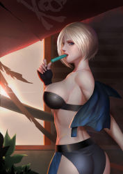 Rule 34 | 1girl, absurdres, angel (kof), ass, bare shoulders, black panties, blue eyes, breasts, chaps, cropped jacket, eyelashes, fingerless gloves, food, food in mouth, gloves, highres, jacket, large breasts, lips, looking at viewer, looking back, midriff, nose, off shoulder, open clothes, open jacket, oroo, panties, popsicle, sideboob, silver hair, snk, solo, the king of fighters, toned, underwear