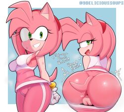 Rule 34 | 1girl, amy rose, artist name, ass, ass focus, blue background, border, cleft of venus, clothes pull, delicious soup, english text, furry, furry female, gloves, green eyes, highres, looking at viewer, looking back, multiple views, open mouth, pants, pants pull, pink pants, pussy, simple background, sonic (series), teeth, white border, white gloves