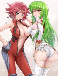 Rule 34 | 2girls, :o, ass, blue eyes, blush, bodysuit, breasts, c.c., cleavage, code geass, cowboy shot, female focus, gloves, green hair, hair intakes, hand in own hair, hand on own hip, hand up, headband, kouzuki kallen, large breasts, leotard, long hair, long sleeves, looking at viewer, looking back, medium breasts, multiple girls, navel, open bodysuit, open clothes, parted lips, r-binon, red bodysuit, red hair, short hair, sleeveless, standing, straight hair, thighhighs, unzipped, very long hair, white gloves, white legwear, white leotard, yellow eyes