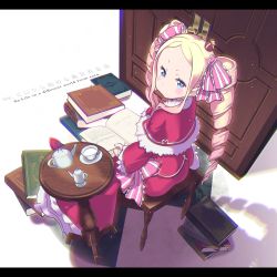 Rule 34 | 10s, 1girl, back, beatrice (re:zero), black pantyhose, blonde hair, blue eyes, blush, book, book stack, bow, bug, butterfly, butterfly-shaped pupils, capelet, chorin, closed mouth, closet, copyright name, crown, cup, dress, drill hair, drink, from above, from behind, full body, hair ribbon, highres, holding, holding book, insect, letterboxed, light particles, long hair, long sleeves, looking at viewer, mini crown, open book, pantyhose, pink bow, pink dress, pink footwear, plate, re:zero kara hajimeru isekai seikatsu, ribbon, saucer, shade, shadow, shoes, sitting, solo, stool, striped, striped bow, symbol-shaped pupils, table, tea set, teacup, teapot, twin drills, twintails, white background, wide sleeves