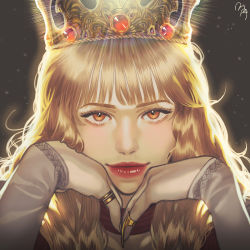 Rule 34 | 1girl, backlighting, bad id, bad pixiv id, claw ring, commentary, crown, female focus, gem, glint, hakkaku hailey, hands up, head rest, jewelry, light brown hair, lips, looking at viewer, orange eyes, original, portrait, realistic, ring, smile, solo, symbol-only commentary