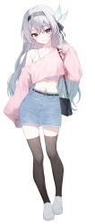 Rule 34 | 1girl, alternate costume, bag, black bag, black hairband, black ribbon, black thighhighs, blue eyes, breasts, closed mouth, collarbone, commentary, denim, denim skirt, firefly (honkai: star rail), full body, gradient hair, green hair, hair between eyes, hair ribbon, hairband, hand up, highres, honkai: star rail, honkai (series), huhi (huhi 1211), long hair, long sleeves, looking at viewer, medium breasts, midriff, multicolored hair, navel, orange eyes, pink shirt, ribbon, shirt, shoulder bag, simple background, single off shoulder, skirt, sleeves past fingers, sleeves past wrists, smile, solo, standing, thighhighs, thighs, two-tone eyes, very long hair, white background, white footwear, white hair, white undershirt