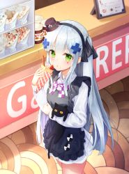 Rule 34 | 1girl, :o, animal, animal hug, apron, black apron, black cat, black hairband, black ribbon, blouse, blue hair, blush, brand name imitation, breasts, brown headwear, cat, commentary request, crepe, facial mark, fingernails, food, food on face, frilled apron, frills, fruit, girls&#039; frontline, hair ornament, hair ribbon, hairband, hand up, hat, highres, hk416 (black kitty&#039;s gift) (girls&#039; frontline), hk416 (girls&#039; frontline), holding, holding food, korean commentary, long hair, long sleeves, looking at viewer, mini hat, nutella, official alternate costume, parted lips, pleated skirt, ribbon, seero, shirt, skirt, small breasts, solo, standing, strawberry, tilted headwear, two side up, very long hair, wafer stick, white shirt, white skirt