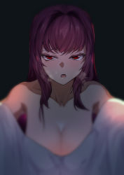 Rule 34 | 1girl, absurdres, bare shoulders, black background, blurry, blurry foreground, blush, breasts, cleavage, collarbone, commentary request, dark, dark background, depth of field, fate/grand order, fate (series), glowing, glowing eyes, heavy breathing, highres, hu tu, large breasts, long hair, looking at viewer, open mouth, purple hair, red eyes, revision, scathach (fate), shiny skin, simple background, solo, upper body, very long hair