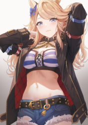 Rule 34 | 1girl, animal ears, arm behind head, arms up, bandeau, belt, black belt, black choker, black jacket, blonde hair, blue bow, blue eyes, blue shorts, bow, breasts, chain, choker, cleavage, commentary request, cowboy shot, crop top, cutoffs, denim, denim shorts, ear bow, gold chain, gold city (umamusume), hair bow, highres, horse ears, horse girl, jacket, long hair, long sleeves, looking at viewer, medium breasts, midriff, navel, open clothes, open jacket, shirt, short shorts, shorts, sidelocks, smile, sola (solo0730), solo, standing, stomach, striped bandeau, striped clothes, striped shirt, studded belt, swept bangs, torn clothes, torn shorts, umamusume