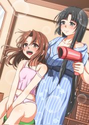 Rule 34 | 2girls, ahoge, alternate hairstyle, bath yukata, black hair, brown eyes, brown hair, camisole, commentary request, cowboy shot, dutch angle, hair down, hair dryer, highres, japanese clothes, kantai collection, kimono, long hair, multiple girls, panties, pink camisole, pink panties, shouhou (kancolle), sosorin, underwear, underwear only, yukata, zuihou (kancolle)