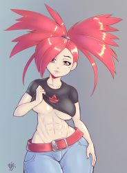 Rule 34 | 00s, 1girl, abs, alternate color, bad id, bad pixiv id, belt, blush, breasts, cleavage, clothes lift, collarbone, contrapposto, creatures (company), denim, female focus, fingernails, flannery (pokemon), fringe trim, game freak, gym leader, hair over one eye, hip focus, impossible hair, jeans, large breasts, lips, long hair, midriff, muscular, muscular female, nail, narrow waist, navel, nintendo, no bra, no panties, pants, parted lips, pokemon, pokemon rse, ponytail, randomboobguy, red eyes, red hair, shiny skin, shirt, shirt lift, solo, standing, t-shirt, teeth, thick thighs, thighs, underboob, wide hips