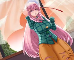 Rule 34 | 1girl, alternate legwear, breasts, commentary request, dress, gero zoukin, large breasts, long hair, long sleeves, looking at viewer, open window, orange dress, pink eyes, pink hair, plaid, plaid shirt, shirt, solo, touhou, window