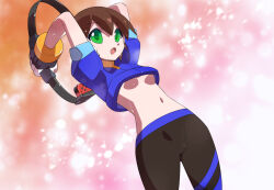 Rule 34 | 1girl, aile (mega man zx), armpits, arms behind back, black pants, blue jacket, brown hair, collarbone, commentary request, cropped jacket, green eyes, jacket, joy-con, kaidou zx, mega man (series), mega man zx, midriff, navel, pants, ring fit adventure, robot ears, short hair, solo, sweat, variant set, yoga pants