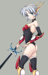 Rule 34 | 1girl, armor, ass, black thighhighs, blue eyes, boots, breasts, elbow gloves, fred0092, gloves, hairband, highres, knee boots, langrisser, langrisser ii, medium breasts, red armor, sherry (langrisser), short hair, simple background, solo, sword, thighhighs, thighhighs under boots, warrior, weapon, white hair