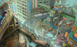 Rule 34 | air conditioner, awning, backpack, bag, black legwear, blouse, blue hair, blue skirt, braid, brown hair, building, cityscape, commentary request, from above, holding, holding bag, industrial pipe, jatomaru, lantern, long sleeves, monorail, multiple boys, multiple girls, original, paper lantern, pleated skirt, postbox (outgoing mail), rooftop, sailor collar, scenery, school uniform, serafuku, shirt, sign, skirt, smile, smokestack, socks, stairs, statue, stone lantern, tile roof, torii, train, train station, tree, twin braids, waving, white shirt, window