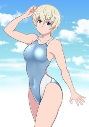 Rule 34 | 1girl, arm up, blue eyes, blue one-piece swimsuit, blue sky, breasts, closed mouth, cloud, cloudy sky, competition swimsuit, covered navel, cowboy shot, emblem, girls und panzer, hair between eyes, hand on own head, highres, keizoku (emblem), light frown, looking at viewer, medium breasts, one-piece swimsuit, short hair, sky, solo, standing, swimsuit, tanaka rikimaru, two-tone swimsuit, white hair, youko (girls und panzer)