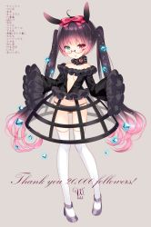 Rule 34 | 1girl, :o, ahoge, animal ears, ankle strap, aqua eyes, black hair, black panties, bow, detached collar, food, frilled sleeves, frills, fruit, full body, glasses, grey background, hair bow, heterochromia, hoop skirt, long sleeves, milestone celebration, multicolored hair, original, panties, pigeon-toed, pink hair, rabbit ears, red-framed eyewear, red bow, red eyes, semi-rimless eyewear, simple background, sleeves past wrists, solo, strawberry, striped, striped bow, thank you, thighhighs, translation request, twintails, two-tone hair, under-rim eyewear, underwear, wasabi (sekai), white thighhighs, wide sleeves