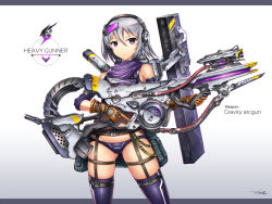 Rule 34 | 1girl, artist name, bare shoulders, bikini, bikini bottom only, contrapposto, detached sleeves, expressionless, garter straps, gia, gloves, gradient background, gun, headset, highres, looking at viewer, original, purple eyes, scarf, short hair, silver hair, skindentation, solo, standing, swimsuit, thigh strap, thighhighs, trigger discipline, weapon
