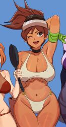 Rule 34 | 3girls, ;d, armpits, arms behind head, bikini, breasts, choker, cleavage, frying pan, highres, hyyun ho, large breasts, multiple girls, non-web source, one eye closed, open mouth, smile, swimsuit, tagme
