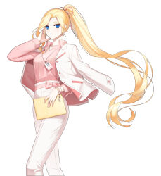 Rule 34 | 1girl, adjusting hair, alternate hair color, bag, belt, belt bow, blonde hair, blue eyes, bow, business suit, closed mouth, closers, collared shirt, cowboy shot, dress shirt, floating hair, formal, hair ribbon, hand in own hair, hand up, highres, holding, holding bag, id card, jacket, jacket on shoulders, lanyard, long hair, long sleeves, looking at viewer, office lady, official art, pant suit, pants, pink belt, pink bow, pink ribbon, pink shirt, ponytail, ribbon, shirt, shirt tucked in, solo, suit, suit jacket, very long hair, violet (closers), walking, watch, white background, white jacket, white pants, women&#039;s wallet, wristwatch, yellow bag