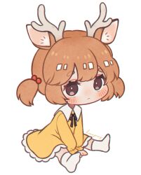 1girl :&lt; animal_ears antlers arms_between_legs black_ribbon blush brown_eyes chibi chibi_only child deer_antlers deer_ears deer_girl dress frilled_dress frills hair_bobbles hair_ornament hn_(artist) horns light_brown_hair light_frown long_sleeves looking_at_viewer low_twintails neck_ribbon original ribbon short_hair signature simple_background sitting socks twintails v_arms white_background white_socks yellow_dress