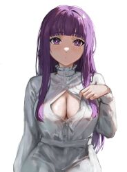 Rule 34 | 1girl, blunt bangs, breasts, cleavage, closed mouth, covered erect nipples, dress, expressionless, fern (sousou no frieren), highres, large breasts, long hair, looking at viewer, partially unbuttoned, purple hair, raberu ruru, simple background, solo, sousou no frieren, turtleneck, turtleneck dress, upper body, white background, white dress