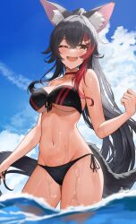 Rule 34 | 1girl, ;d, alternate costume, animal ear fluff, animal ears, ayul (ayulneri 92), bare arms, bare shoulders, bikini, black bikini, black hair, breasts, choker, cleavage, day, fang, front-tie bikini top, front-tie top, highres, hololive, long hair, looking at viewer, medium breasts, multicolored hair, navel, one eye closed, ookami mio, open mouth, orange eyes, outdoors, ponytail, red choker, side-tie bikini bottom, smile, solo, standing, stomach, streaked hair, string bikini, swimsuit, tail, thighs, underboob, very long hair, virtual youtuber, wading, water, wet, wolf ears, wolf girl, wolf tail