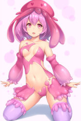 Rule 34 | 1girl, :d, arms at sides, bare shoulders, blush, breasts, collarbone, commentary request, detached sleeves, groin, hat, heart, jellyfish, kneeling, long sleeves, looking at viewer, medium breasts, navel, open mouth, original, pink eyes, pink hair, purple thighhighs, revealing clothes, sasaame, short hair, smile, solo, stomach, thighhighs