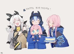 Rule 34 | 4girls, arknights, bare shoulders, birthday, birthday cake, blue eyes, blue hair, blue jacket, blue poison (arknights), blush, bolo tie, cake, chibi, closed eyes, detached sleeves, double bun, food, glaucus (arknights), hair bun, hairband, happy birthday, hat, highres, hood, hood down, hooded jacket, jacket, long hair, long sleeves, low twintails, multicolored hair, multiple girls, numbered, open mouth, pink hair, ruri (dailybloopy), smile, streaked hair, twintails, weedy (arknights), white hair