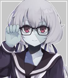 Rule 34 | 10s, 1girl, :&gt;, adjusting eyewear, bespectacled, black-framed eyewear, blush, collarbone, colored skin, commentary, face, glasses, hand on eyewear, highres, konno junko, kunugi miyaco, looking at viewer, low twintails, multicolored skin, red eyes, sailor collar, school uniform, serafuku, silver hair, smile, solo, stitched face, stitches, twintails, white neckwear, zombie, zombie land saga