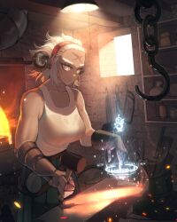 Rule 34 | 1girl, absurdres, anvil, apron, belt, blacksmith, bottle, breasts, brown belt, cabinet, ceiling light, collarbone, commentary, cross scar, dark-skinned female, dark skin, embers, english commentary, fire, forehead, forge, glowing, glowing hot, grey eyes, hacksaw, hair pulled back, hammer, hand up, highres, holding, holding hammer, hook, horns, indoors, jar, large breasts, looking down, magic, magic circle, mechanical arms, medium hair, original, saku ram, saw, scar, scar on face, scar on forehead, single mechanical arm, smoke, solo, tank top, upper body, white hair, white tank top, window