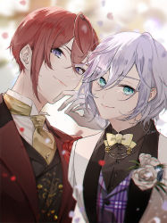 Rule 34 | 2boys, artist name, blue eyes, bow, bowtie, closed mouth, epel felmier, flower, formal, gloves, hair between eyes, hand up, jacket, looking at viewer, male focus, multiple boys, necktie, ornate clothes, purple eyes, red flower, red hair, red rose, riddle rosehearts, rose, shinsuke (moccori), short hair, silver hair, smile, twisted wonderland, upper body, white flower, white gloves, white rose