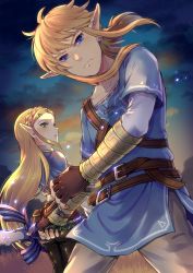 Rule 34 | 1boy, 1girl, black legwear, blonde hair, blue eyes, braid, cloud, commentary request, earrings, eyebrows, fingerless gloves, french braid, gloves, green eyes, highres, jewelry, link, long hair, looking at viewer, looking back, night, nintendo, outdoors, pants, pointy ears, ponytail, pouch, princess zelda, sky, sword, the legend of zelda, the legend of zelda: breath of the wild, vambraces, weapon