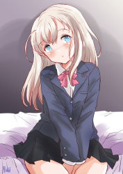 Rule 34 | 1girl, alternate costume, bed, black skirt, blazer, blonde hair, blue eyes, blue jacket, bow, bowtie, collared shirt, commentary request, fuji (pixiv24804665), hair ornament, highres, jacket, kantai collection, long hair, looking at viewer, pink bow, pink bowtie, pleated skirt, school uniform, shirt, sitting, skirt, solo, u-511 (kancolle), v arms, wariza