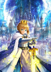 Rule 34 | &gt;:(, 1girl, ahoge, armor, armored dress, artoria pendragon (all), artoria pendragon (fate), blonde hair, braid, castle, closed mouth, cowboy shot, crown, excalibur (fate/stay night), fate/grand order, fate (series), frown, fur trim, gauntlets, green eyes, hair between eyes, highres, light particles, looking at viewer, royal robe, saber (fate), scenery, serious, short hair, solo, standing, suishougensou, v-shaped eyebrows