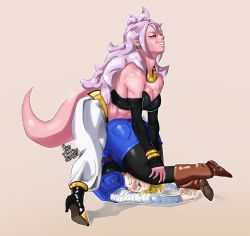 Rule 34 | 2girls, android 18, android 21, ass, baggy pants, blue eyes, blush, boots, breasts, colored skin, dragon ball, dragon ball fighterz, dragonball z, earrings, high heels, highres, jewelry, leg grab, legs over head, majin android 21, multiple girls, non-web source, pants, pink skin, pinned, pointy ears, skirt, smile, sweatdrop, tail, wrestling, yuri