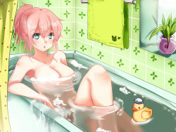 Rule 34 | 1girl, bath, bathtub, blue eyes, blush, breasts, cleavage, dixie cup hat, floating breasts, hat, highres, large breasts, military hat, nude, original, pink hair, ponytail, rubber duck, ryuu (kichikutie23), solo, towel, water