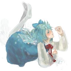 Rule 34 | 1girl, adapted costume, arcoiris, blue eyes, blue hair, bow, cirno, embodiment of scarlet devil, fairy, female focus, lowres, matching hair/eyes, pantyhose, solo, thighhighs, touhou, white pantyhose