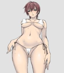 Rule 34 | 1girl, asbel lhant, bikini, blue eyes, blush, breastless clothes, breasts, censored, cleft of venus, crotchless, crotchless panties, gender request, genderswap, grey background, heart, large breasts, navel, nipples, panties, partially visible vulva, pussy, pussy juice, red hair, short hair, solo, swimsuit, tales of (series), tales of graces, underwear, usagi nagomu, wet