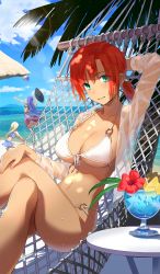 Rule 34 | 3girls, absurdres, aqua eyes, arm behind head, ball, beach, beachball, bikini, blue eyes, blue hair, blue sky, boudica (fate), boudica (shining goddess) (fate), breasts, cleavage, cloud, craft essence (fate), crossed legs, cup, day, drinking glass, drinking straw, fate/grand order, fate (series), flower, food, fruit, hammock, hat, hibiscus, highres, jumping, kinuta kouji, large breasts, marie antoinette (fate), marie antoinette (fate/grand order), marie antoinette (swimsuit caster) (fate), martha (fate), martha (swimsuit ruler) (fate), matching hair/eyes, multiple girls, navel, o-ring, o-ring bikini, ocean, outdoors, pineapple, pineapple slice, ponytail, red hair, resized, see-through, sky, smile, solo focus, swimsuit, underboob, upscaled, volleyball, volleyball (object), waifu2x, white hair